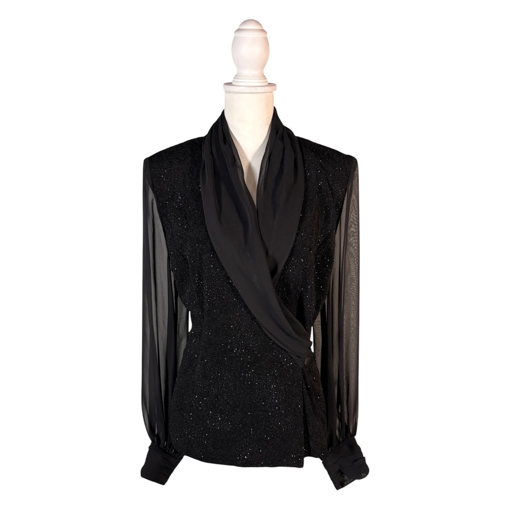 Vintage 80s 90s Black Sheer Sleeve Blouse L Whimsigoth Dark Romance Gothic Vamp